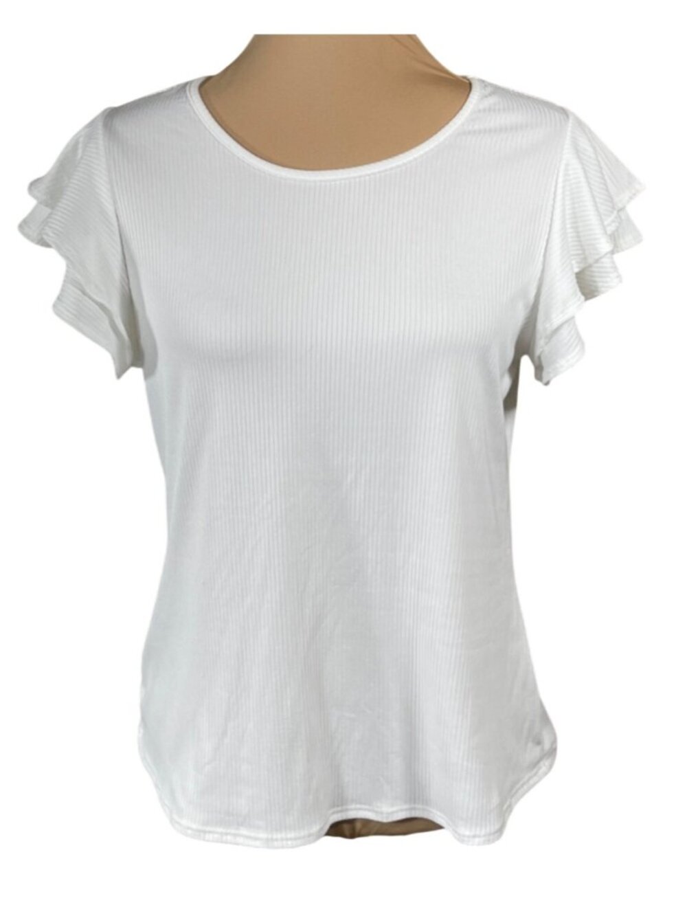 Gilli Ribbed T-Shirt Size M Medium White Ruffle Sleeve Women's Top